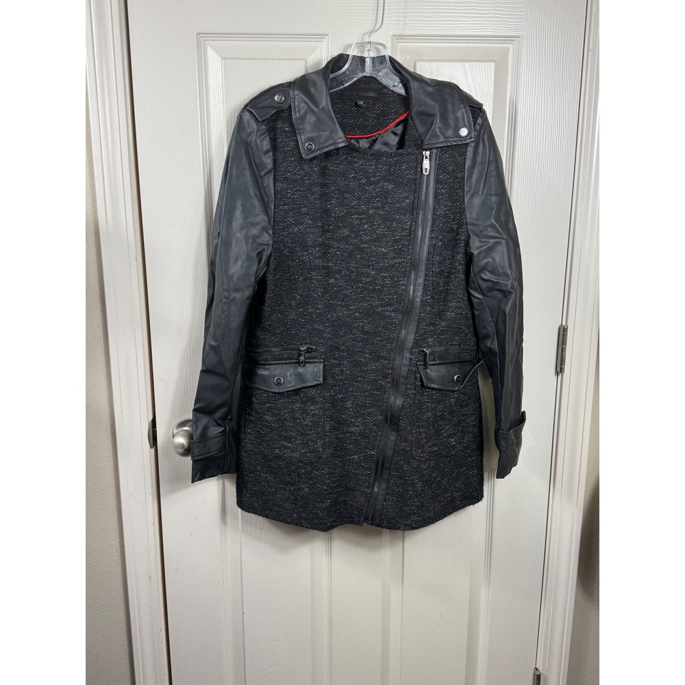 Steve Madden Moto Jacket Faux Leather Trim Asymmetrical Zip Edgy Black L/G